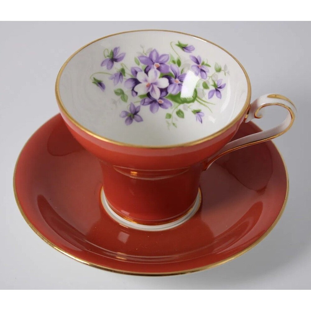 Aynsley Corset Shaped Dusty Rose Tea Cup and Saucer Set Purple Violets England